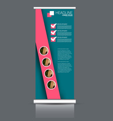 Rollup vertical banner stand template. Abstract background concept for business, education, presentation, advertisement. Editable vector illustration. Blue and pink color.