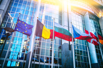 Waving flags in front of European Parliament building, Brussels - obrazy, fototapety, plakaty