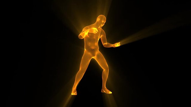 3D Gold Wireframe Man with Light Rays Loop Graphic Element