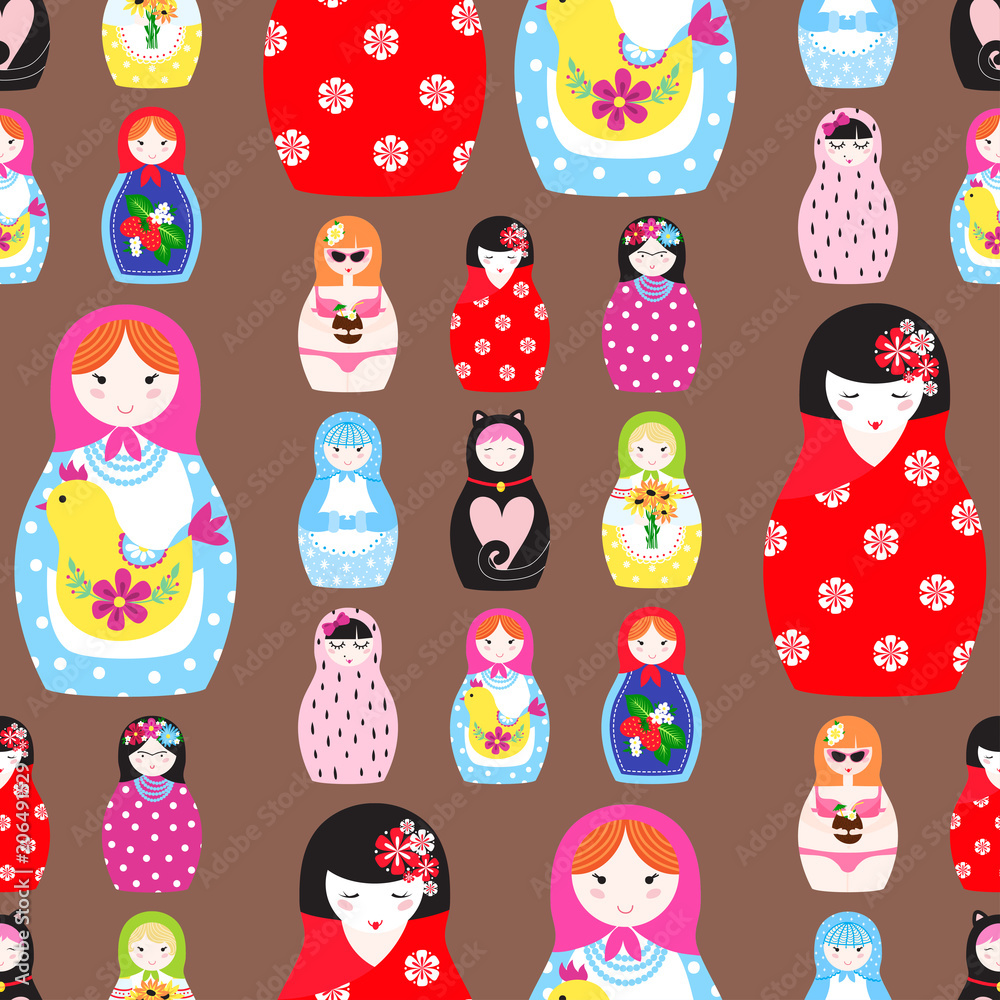 Wall mural Matryoshka vector traditional russian nesting doll toy with handmade ornament figure pattern with child face and babushka woman souvenir seamless pattern background illustration.