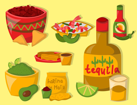 Mexican traditional food with meat avocado tequila corn spicy pepper salsa lunch sauce cuisine vector illustration