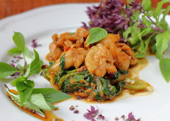hot spicy chicken with basil thai food