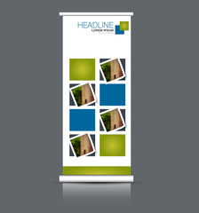 Roll up banner stand. Vertical information board design. Blue and green color vector illustration.