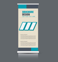 Roll up banner stand. Vertical information board design. Blue color vector illustration.