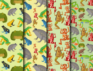 Frog vector cartoon tropical wildlife animal green froggy nature funny illustration toxic toad amphibian seamless pattern background.