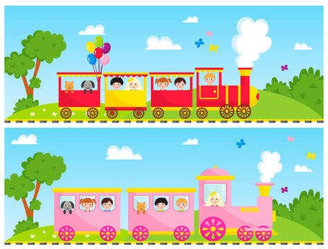 Kids train vector cartoon toy with colorful locomotive blocks railroad carriage game fun leisure joy gift children transport illustration.