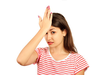 unhappy student, female worker, hand on forehead very upset sad disappointed depressed. emotional...