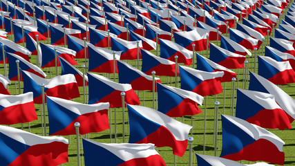 Many National flags of Czech Republic in green field in sunny day. Three dimensional rendering 3D illustration.