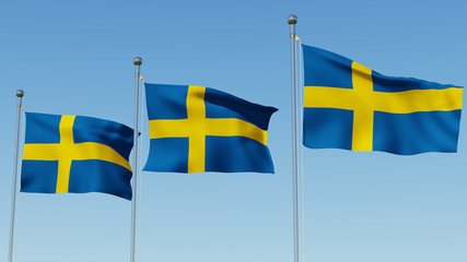 Three flags of Sweden on flagpole in front of blue sky. Three dimensional rendering 3D illustration.
