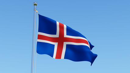National flag of Iceland on flagpole in front of blue sky. Three dimensional rendering 3D illustration.