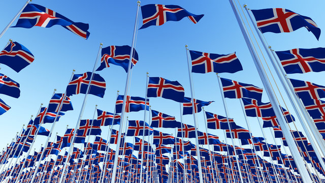 Many flags of Iceland blowing in the wind against clear blue sky. Three dimensional rendering illustration.
