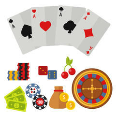 Casino icons set with roulette gambler joker slot machine poker game vector illustration.
