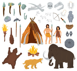 Primitive people vector mammoth and ancient caveman character in stone age cave illustration prehistoric man with stoned weapon and flame set isolated on white background