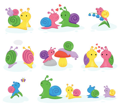 Snail vector snail-shaped character with shell and cartoon snailfish or snail-like mollusk kids illustration set of lovely couple of snail-paced slugs isolated on white background