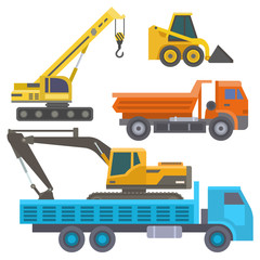 Construction delivery truck vector transportation vehicle construct and road trucking machine equipment large platform industrial truck illustration.