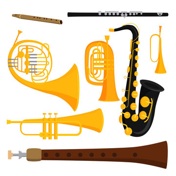 Wind musical instruments tools acoustic musician equipment orchestra vector illustration