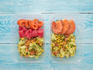 Seafood and vegetable salad take-away
