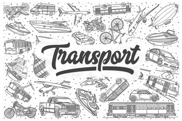 Hand drawn transport vector doodle set.