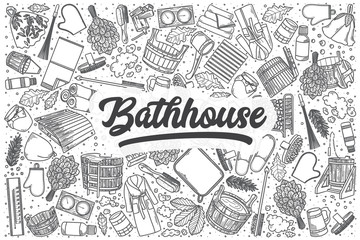 Fototapeta premium Hand drawn bathhouse vector doodle set.