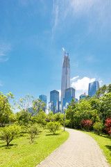 road of a modern city with skyscrapers as background