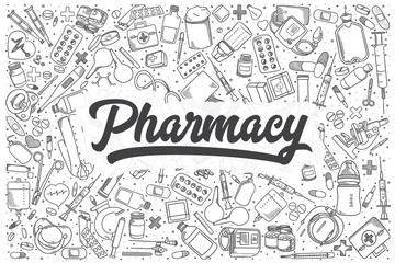 Hand drawn pharmacy vector doodle set.