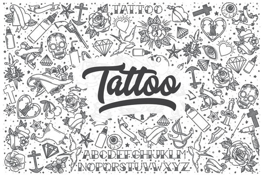 Hand drawn tattoo vector doodle set.