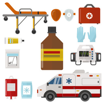 Ambulance icons medicine health emergency hospital urgent pharmacy medical support paramedic treatment vector illustration