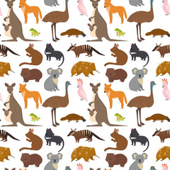 Australia wild animals cartoon popular nature characters seamless pattern background flat style mammal collection vector illustration.