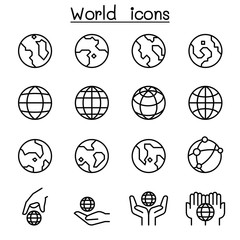 World, Earth icon set in thin line style