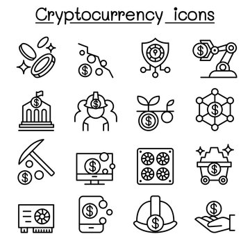 Cryptocurrency , Blockchain & ICO icon set in thin line style