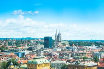 Deurstickers Panoramic view on rooftops in Zagreb center and catholic cathedral, urban city landscape, Croatia  © ilijaa
