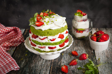 Green spinach cake with strawberry