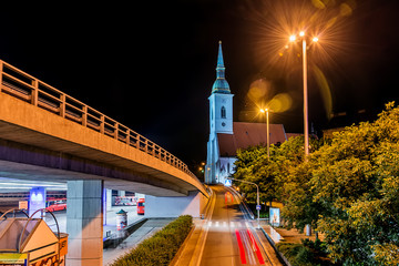 Naklejka premium Bratislava, Slovakia May 23, 2018: St. Martin's Cathedral in Bratislava, by night. Long exposure of St. Martin's Cathedral .
