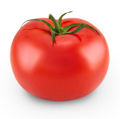 Tomato isolated on white background. Close up macro photo of fresh red tomato plant. Side view. Focus stacking. Full depth of field