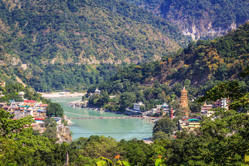 Fototapeta na wymiar Top view of Ganges India Rishikesh passing through the mountains