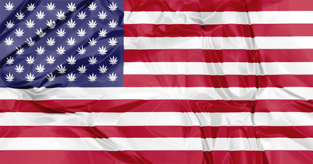 Fototapeta premium The national United States flag with Marijuana leafs inside, illustration background. concept for legalization in USA.