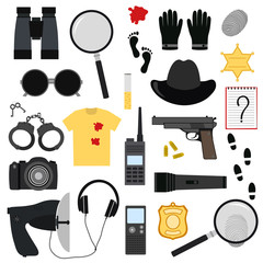 Detective, inspector set. Tools and accessories for crime investigation and surveillance. Icons isolated on white background. Vector illustration.