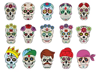 Foto op Aluminium Schedel Schedel vector Mexicaanse gebloemde dode hoofd en bloeiende gekruiste en menselijke tatoeage illustratie dik-skulled set horror symbool van dood of kwaad in Mexico geïsoleerd op witte achtergrond