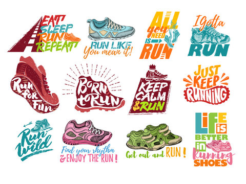 Run lettering on running shoes vector sneakers or trainers with text signs for typography illustration set of runners inscriptions run for fun isolated on white background