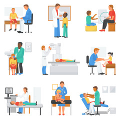 Doctor and patient vector medical character examining childrens health in professional clinic office illustration set of doctor-patient relationship with kids isolated on white background