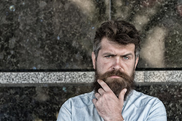 Man with beard and mustache on concentrated face, black marble background. Masculinity concept. Hipster with tousled hair touches beard while looking at camera. Guy looks interested and curious