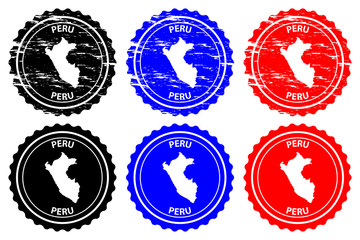 Peru - rubber stamp - vector, Republic of Peru map pattern - sticker - black, blue and red