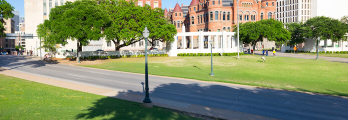 Dealey Plaza panorama view of road where JFK motorcade was shot, elm street - Powered by Adobe
