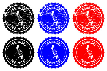 Philippines - rubber stamp - vector, Republic of the Philippines map pattern - sticker - black, blue and red