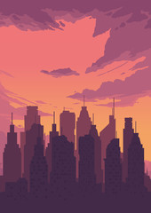 Cityscape in evening.
illustration of flat colored silhouettes of buildings in evening - 206504304