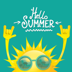 hello summer funky rock n roll vector label isolated on azure. summer party background with funky sun character design template. vector summer party poster © zmiter