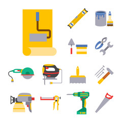 Construction vector worker equipment house renovation handyman tools carpentry industry illustration.