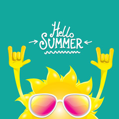 hello summer funky rock n roll vector label isolated on azure. summer party background with funky sun character design template. vector summer party poster