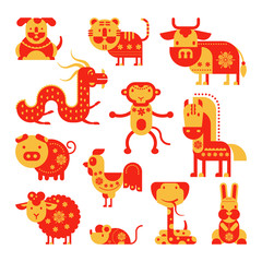 Chinese horoscope vector horoscopy animal symbol of astrological calendar in China illustration set of animalistic asian characters dog, dragon or horse for greeting cards isolated on white background