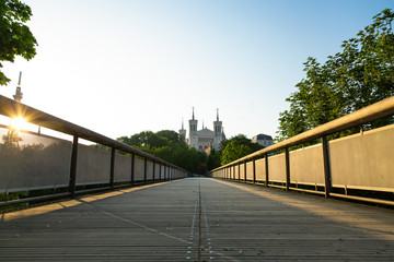 Empty lane leading toward Notre-Dame de Fourviere in Lyon on a sunny, spring morning. Lyon, France.